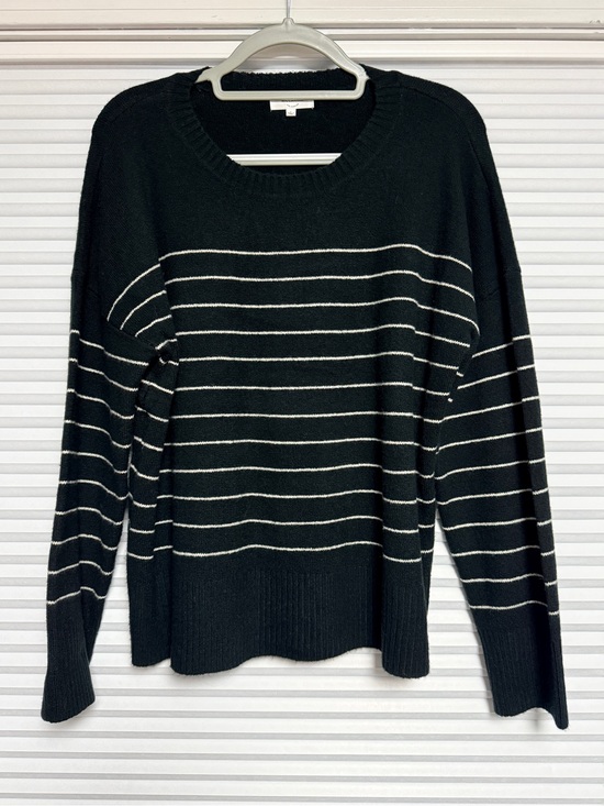 Weekend Sweaters - Women's Black Crewneck Sweater with Ivory Stripes